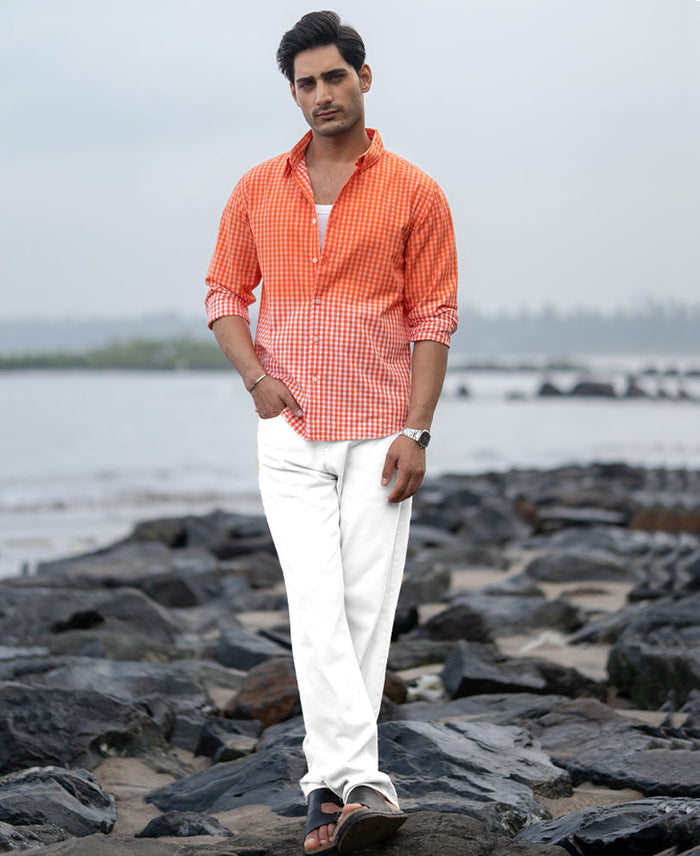 Orange Spray Checks Shirt 100% Cotton