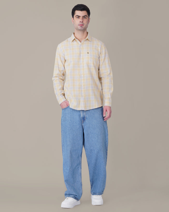 Pale Yellow and Blue Plaid 100% Cotton Long Sleeve Shirt