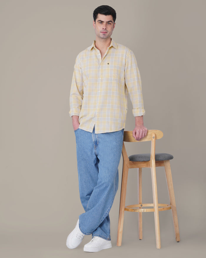 Pale Yellow and Blue Plaid 100% Cotton Long Sleeve Shirt