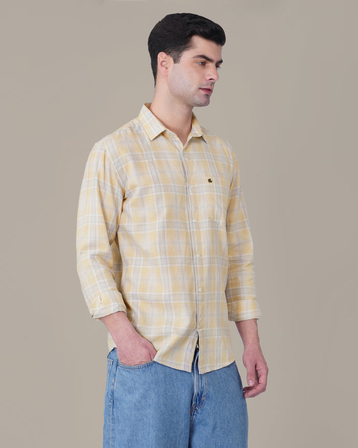 Pale Yellow and Blue Plaid 100% Cotton Long Sleeve Shirt