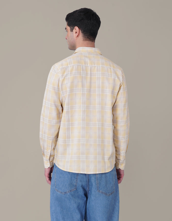 Pale Yellow and Blue Plaid 100% Cotton Long Sleeve Shirt