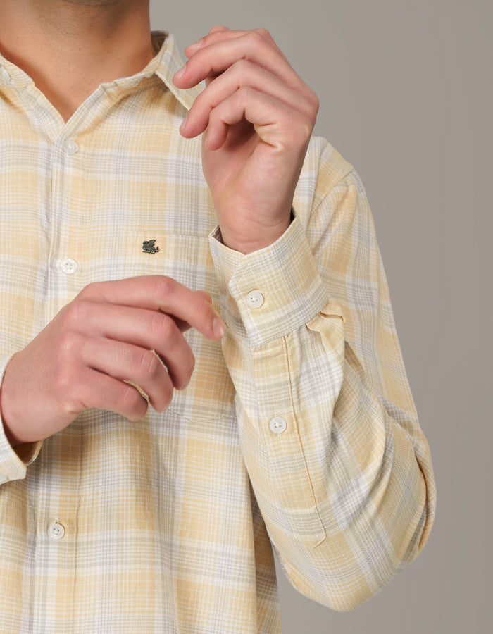 Pale Yellow and Blue Plaid 100% Cotton Long Sleeve Shirt