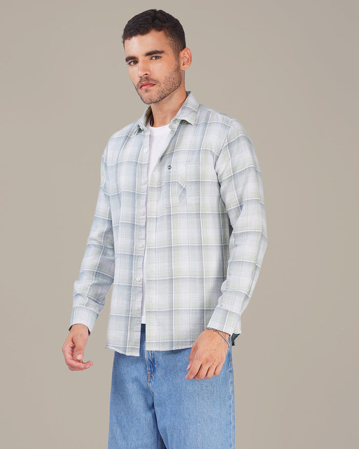 Pastel Green and Light Blue Plaid Dobby Weave 100% Cotton Shirt
