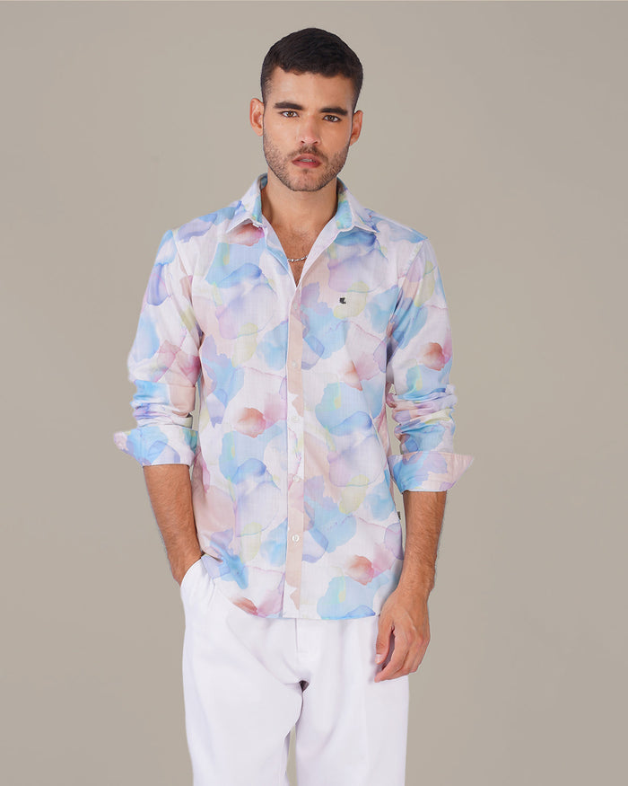 Pastel Multi-Color Patterned 100% Polyester Button-Up Shirt