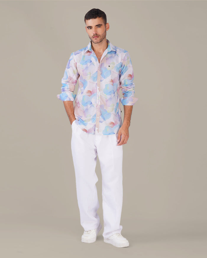 Pastel Multi-Color Patterned 100% Polyester Button-Up Shirt