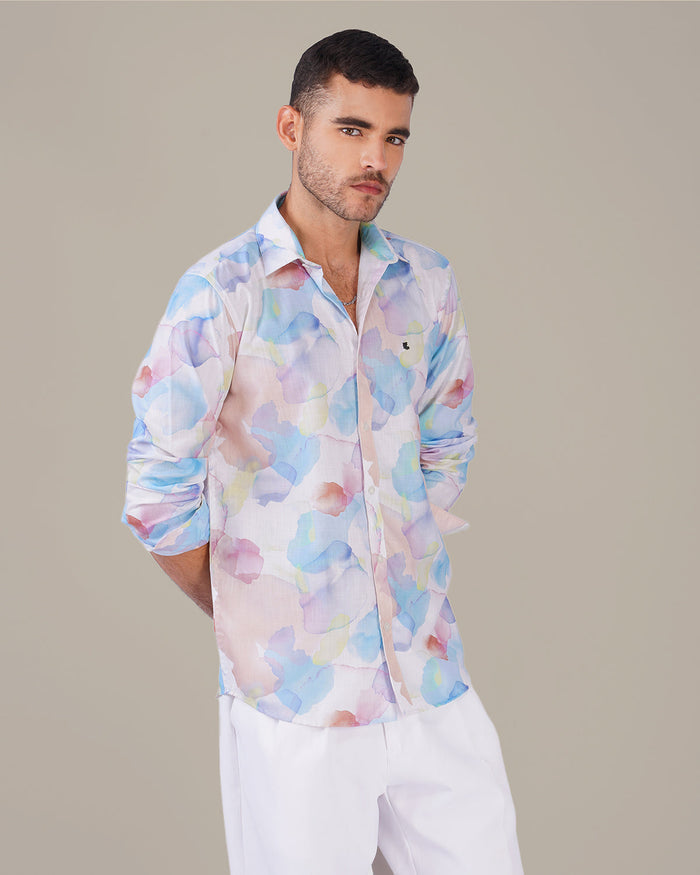 Pastel Multi-Color Patterned 100% Polyester Button-Up Shirt
