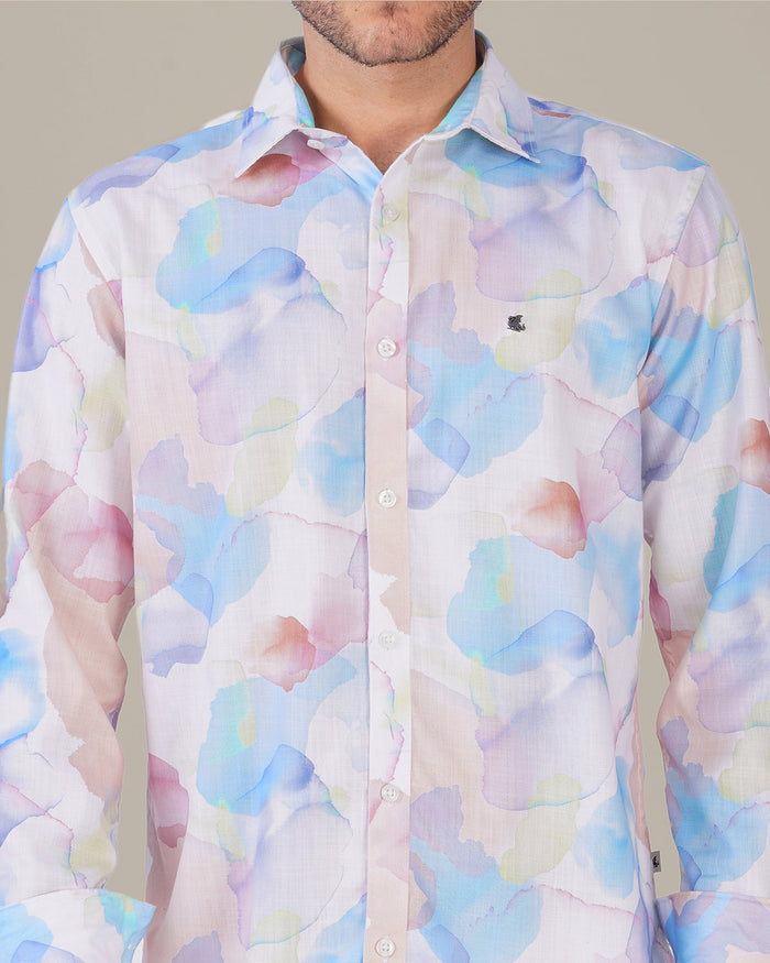 Pastel Multi-Color Patterned 100% Polyester Button-Up Shirt
