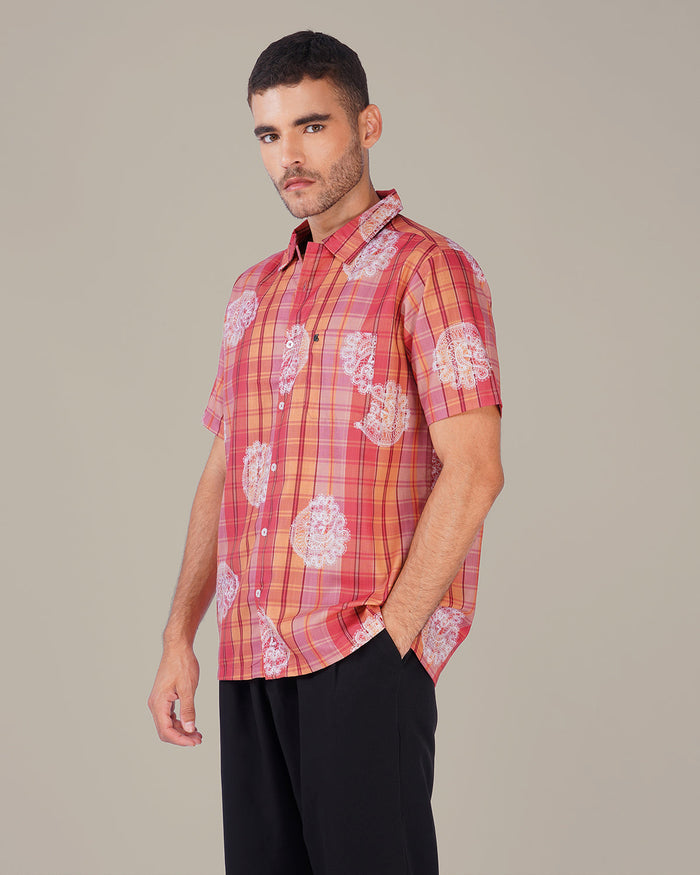 Peach Plaid Polyester Short Sleeve Shirt