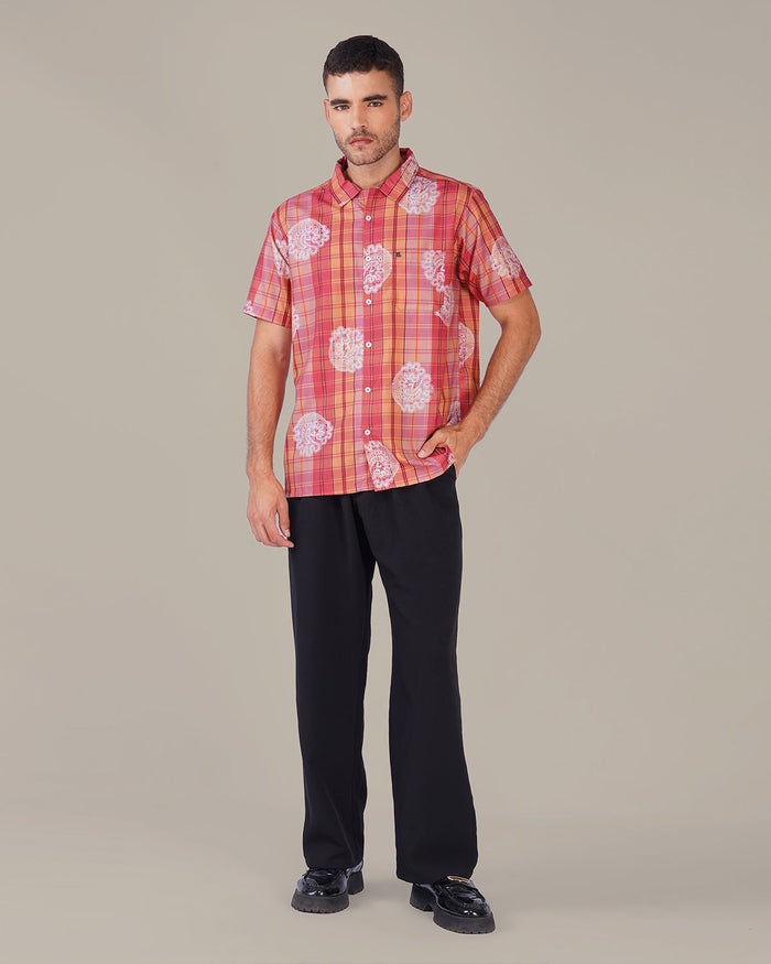 Peach Plaid Polyester Short Sleeve Shirt