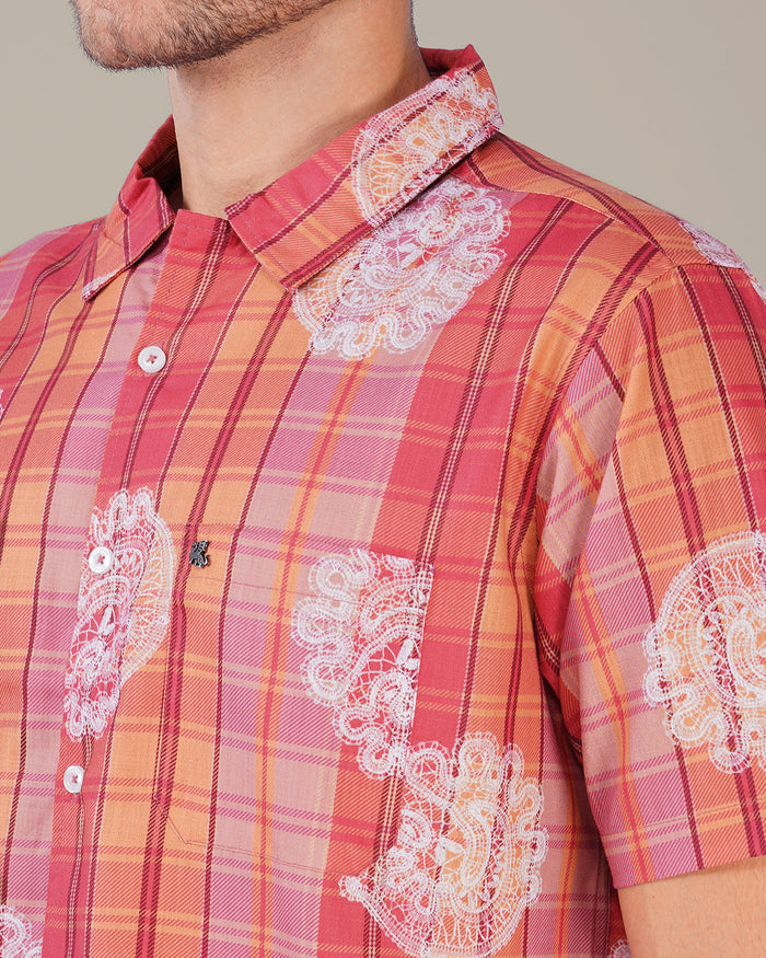 Peach Plaid Polyester Short Sleeve Shirt