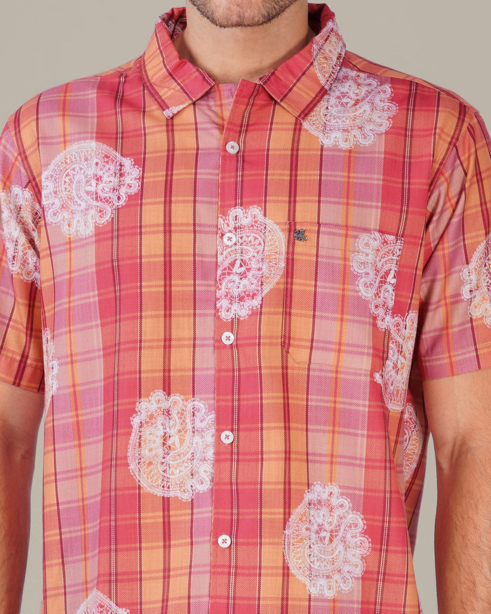 Peach Plaid Polyester Short Sleeve Shirt