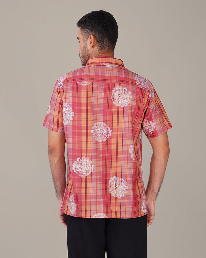 Peach Plaid Polyester Short Sleeve Shirt