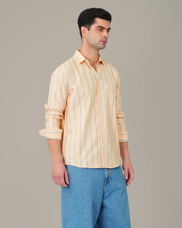 Peach Striped Cotton-Poly Blend Button-Down Shirt