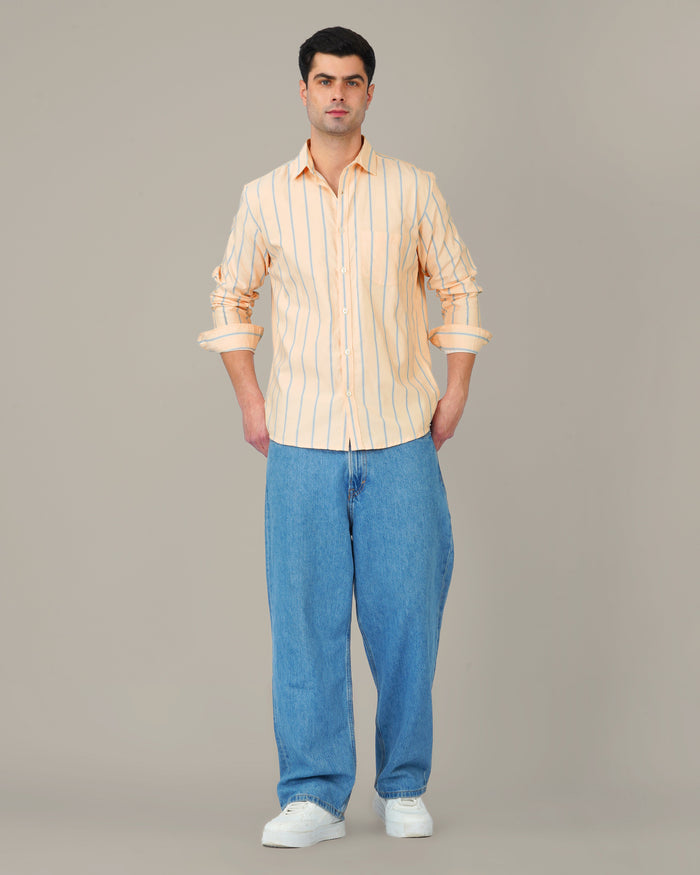 Peach Striped Cotton-Poly Blend Button-Down Shirt