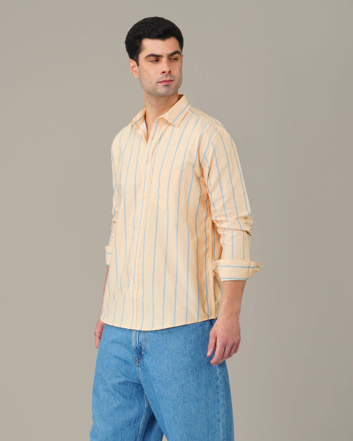 Peach Striped Cotton-Poly Blend Button-Down Shirt