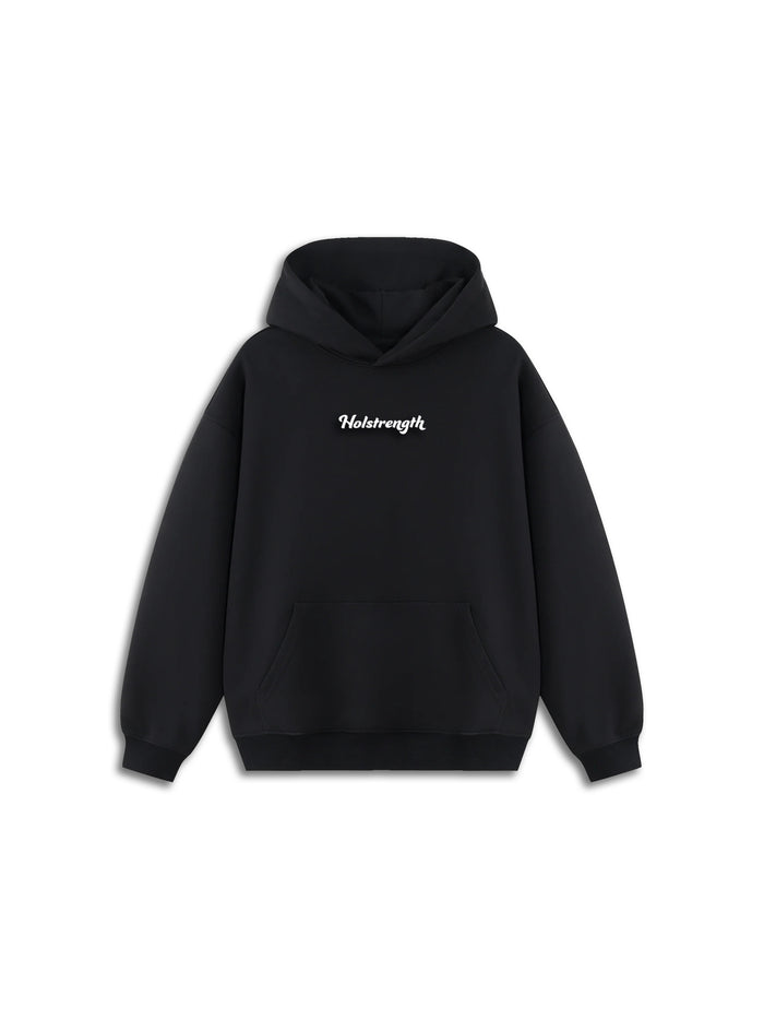Phil 4:13 Hoodie in black with a soft, pillow-like fabric and Holstrength logo on the chest, designed for a fitted athletic-comfort style with a casual hood and front pocket.