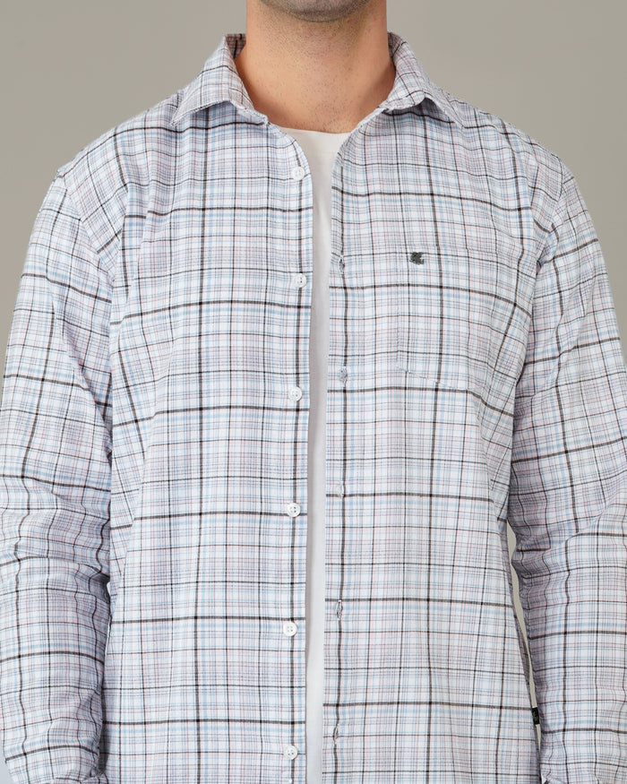Pink And Blue Plaid Linen Cotton Dobby Check Shirt