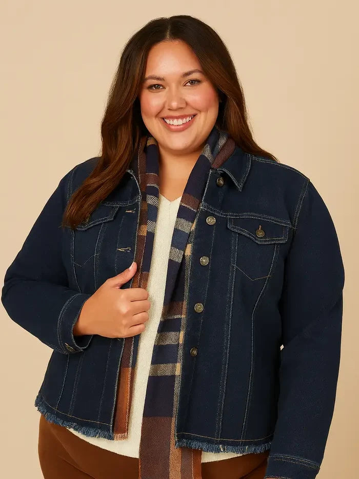 Plus Frayed Hem Denim Jacket - Curvy