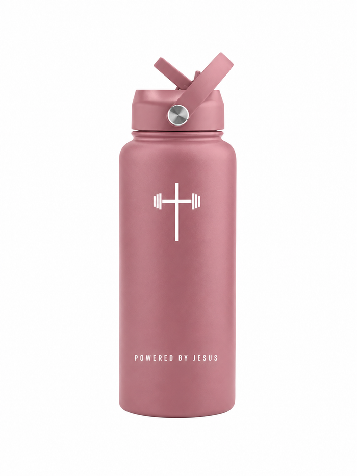 Powered By Jesus 32oz Insulated Water Bottle in matte rose color featuring a cross with a barbell design and spill-proof lid, ideal for faith based fitness and Christian activewear.