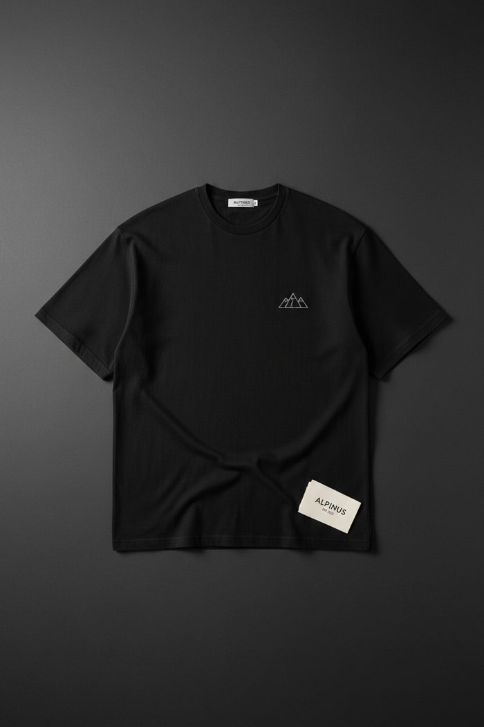 Pure Minimal Embroidery Tee — Black oversized tee with mountain chest embroidery by Varidon
