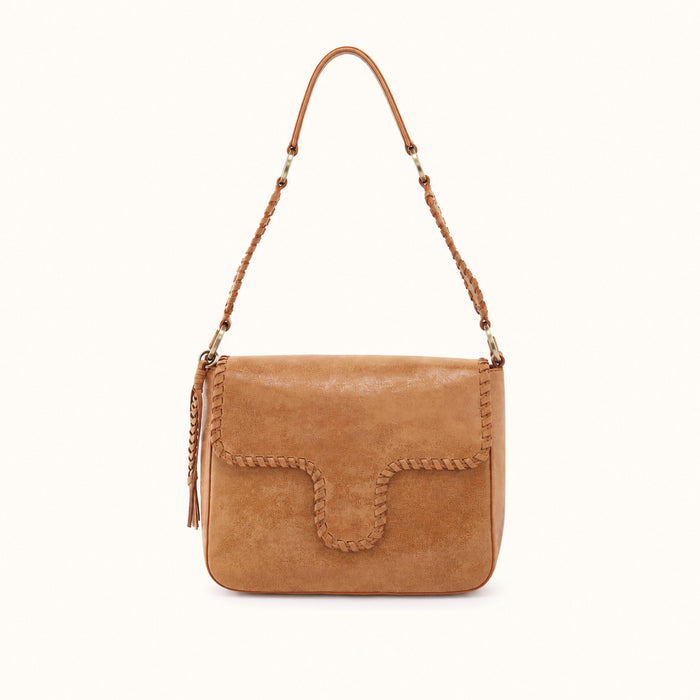 A tan suede shoulder bag with braided leather trim and a matching braided shoulder strap, shown against a plain off-white background.