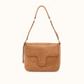 A tan suede shoulder bag with braided leather trim and a matching braided shoulder strap, shown against a plain off-white background.