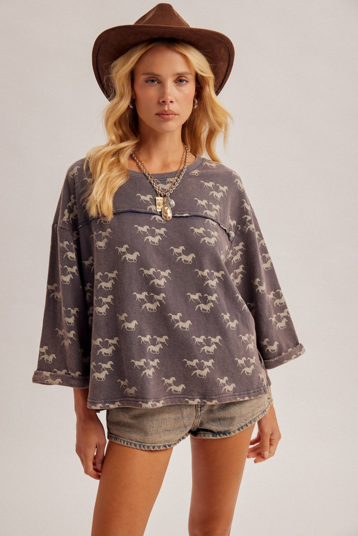 Running Wild Horses Printed Washed Terry Top