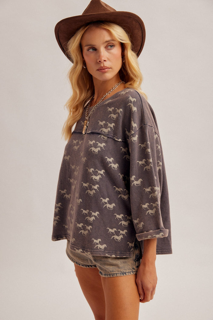 Running Wild Horses Printed Washed Terry Top
