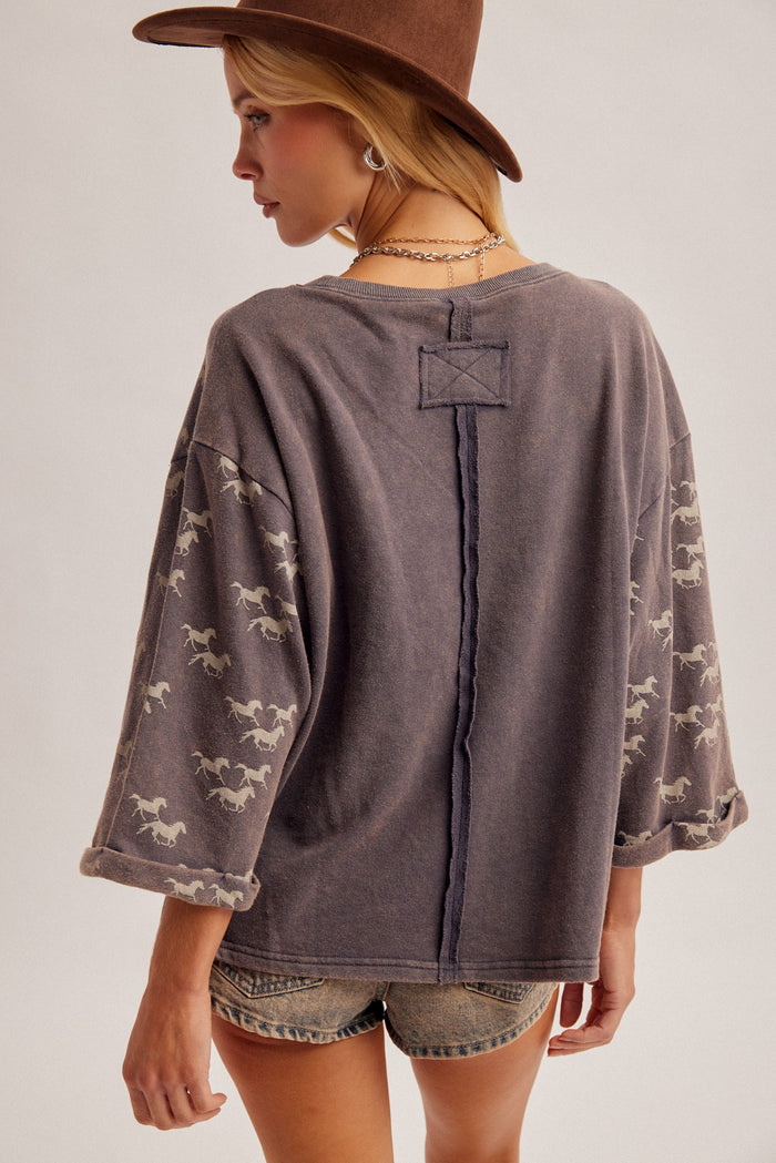 Running Wild Horses Printed Washed Terry Top