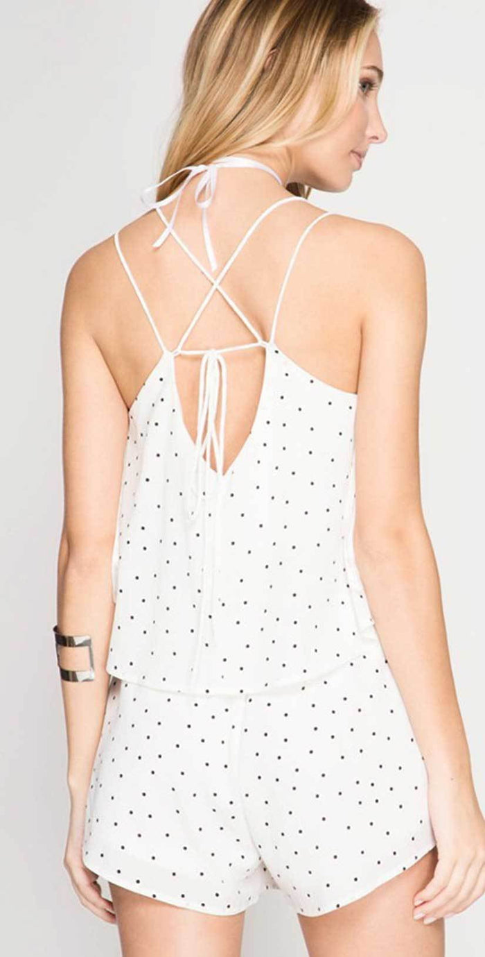 She + Sky Sleeveless Woven Polka Dot Romper SL5137: