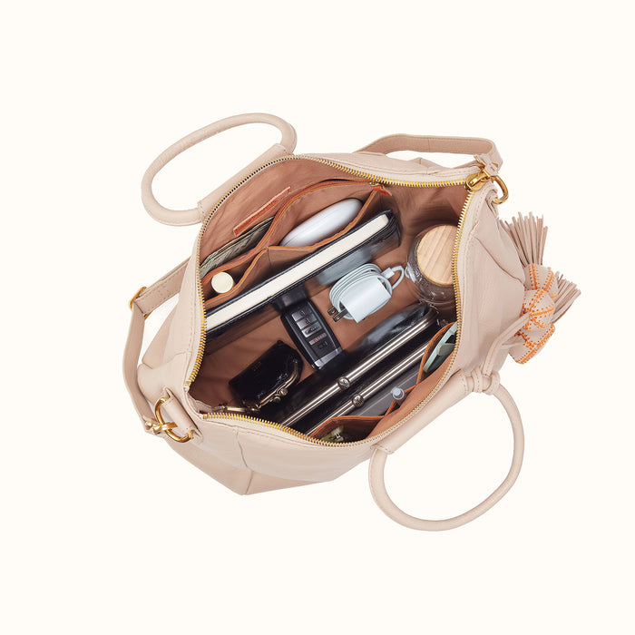 Sheila Large Satchel With Charm In Pebbled Leather - Stonewash