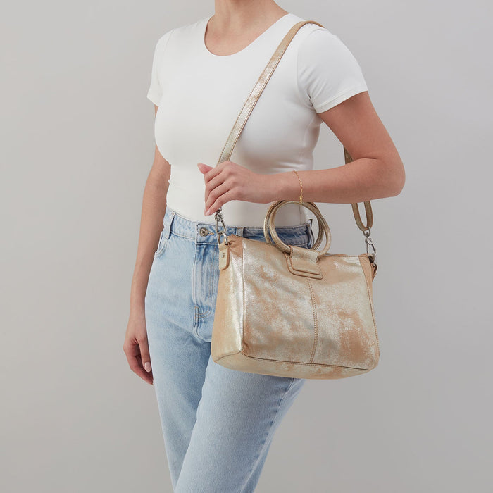 Sheila Medium Satchel In Metallic Leather - Saddle Stardust