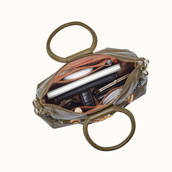 Sheila Medium Satchel With Charm In Polished Leather - Olive Veil