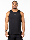 Athletic man wearing a black Signature Tank with a subtle Christian cross and barbell graphic on the chest, designed for performance and faith-based fitness.