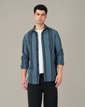 Slate Blue Vertical Striped Viscose-Nylon Blend Button-Up Shirt