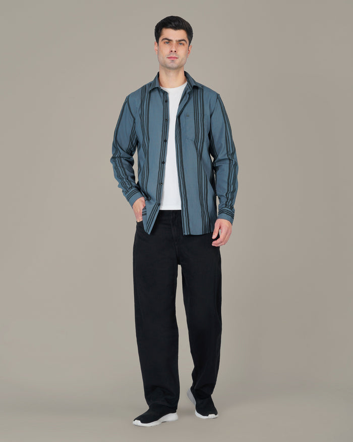 Slate Blue Vertical Striped Viscose-Nylon Blend Button-Up Shirt