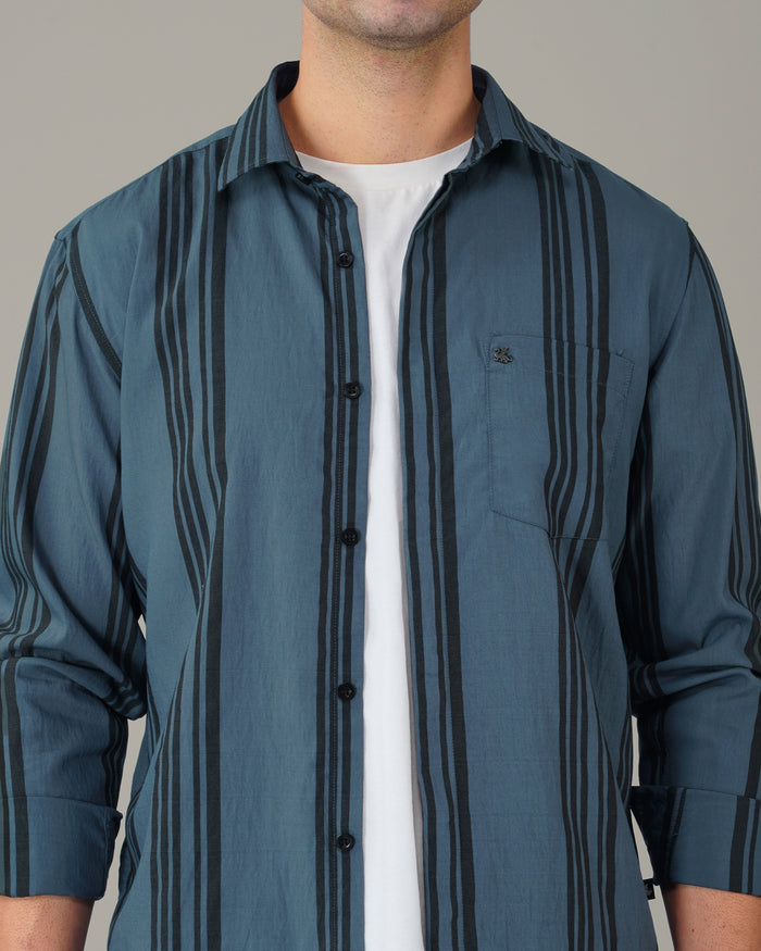Slate Blue Vertical Striped Viscose-Nylon Blend Button-Up Shirt