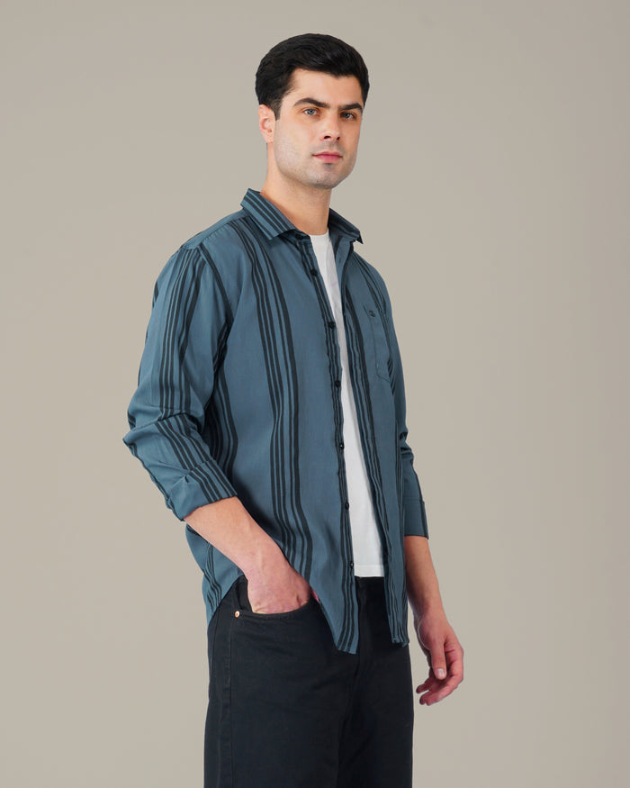 Slate Blue Vertical Striped Viscose-Nylon Blend Button-Up Shirt