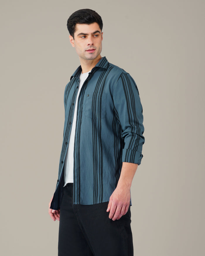 Slate Blue Vertical Striped Viscose-Nylon Blend Button-Up Shirt
