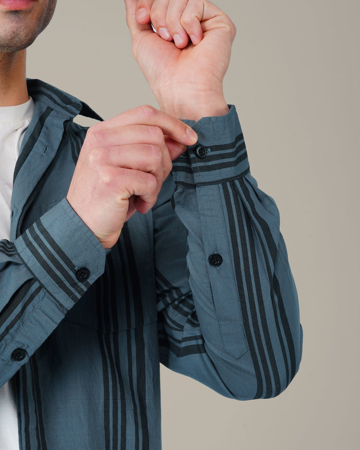 Slate Blue Vertical Striped Viscose-Nylon Blend Button-Up Shirt