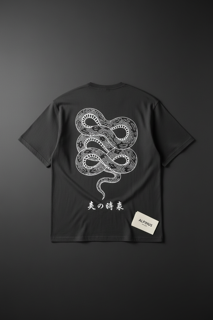 Snake Tee Back — Coiled snake white ink graphic by Varidon