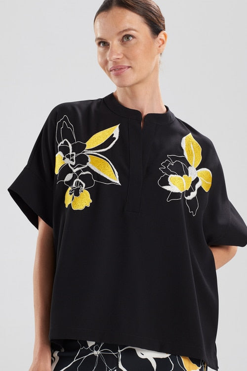 Solid Crepe Embroidered T-Shirt Top