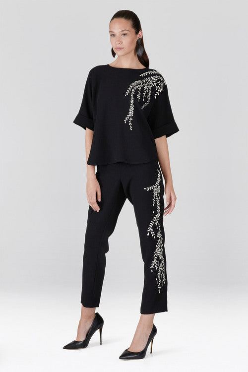 Solid Crepe T-Shirt Top With Embroidery