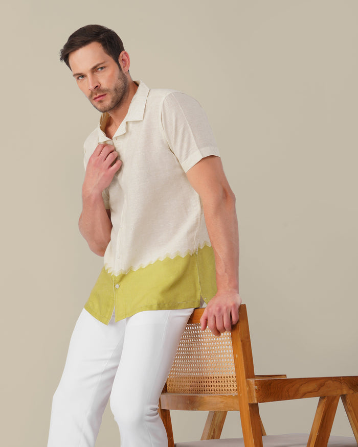 Off-White Solid Gradient Linen Blend Short Sleeve Shirt