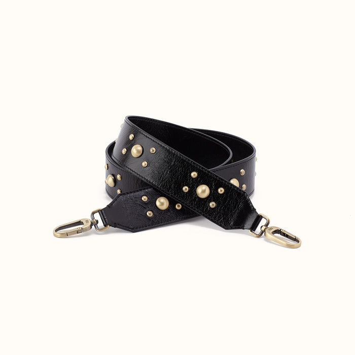 Stud Guitar Strap In Polished Leather - Black- FOL