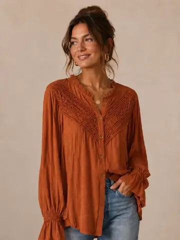 Swiss Dot Peasant Sleeve Button Down Top