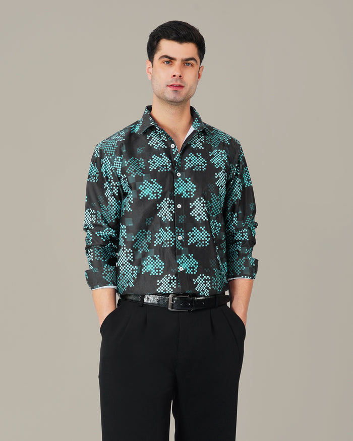 Teal Pixel Polyester Viscose Blend Button-Up Shirt