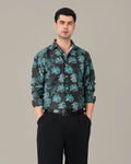 Teal Pixel Polyester Viscose Blend Button-Up Shirt