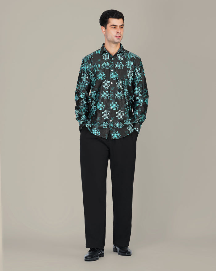 Teal Pixel Polyester Viscose Blend Button-Up Shirt