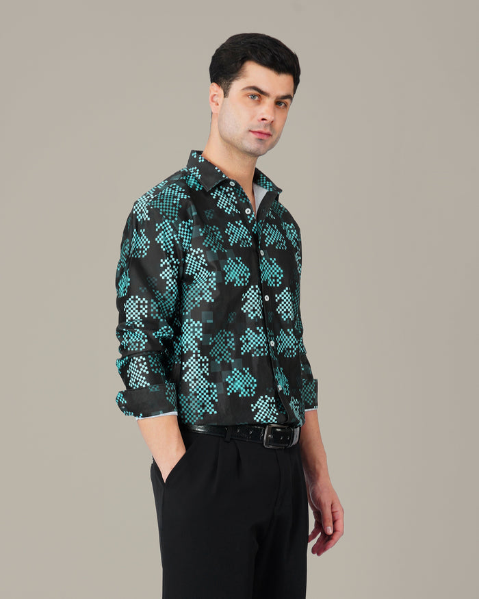 Teal Pixel Polyester Viscose Blend Button-Up Shirt